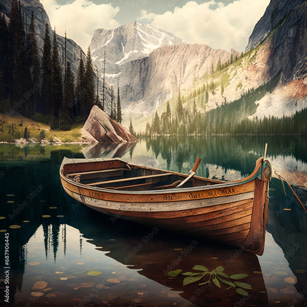 Fototapeta premium Boat in the mountain lake landscape beautifull full hd quality mountains forest snowy clean water steep hillside background without an oar amazing calmquiet peaceful abandoned place Generative AI 