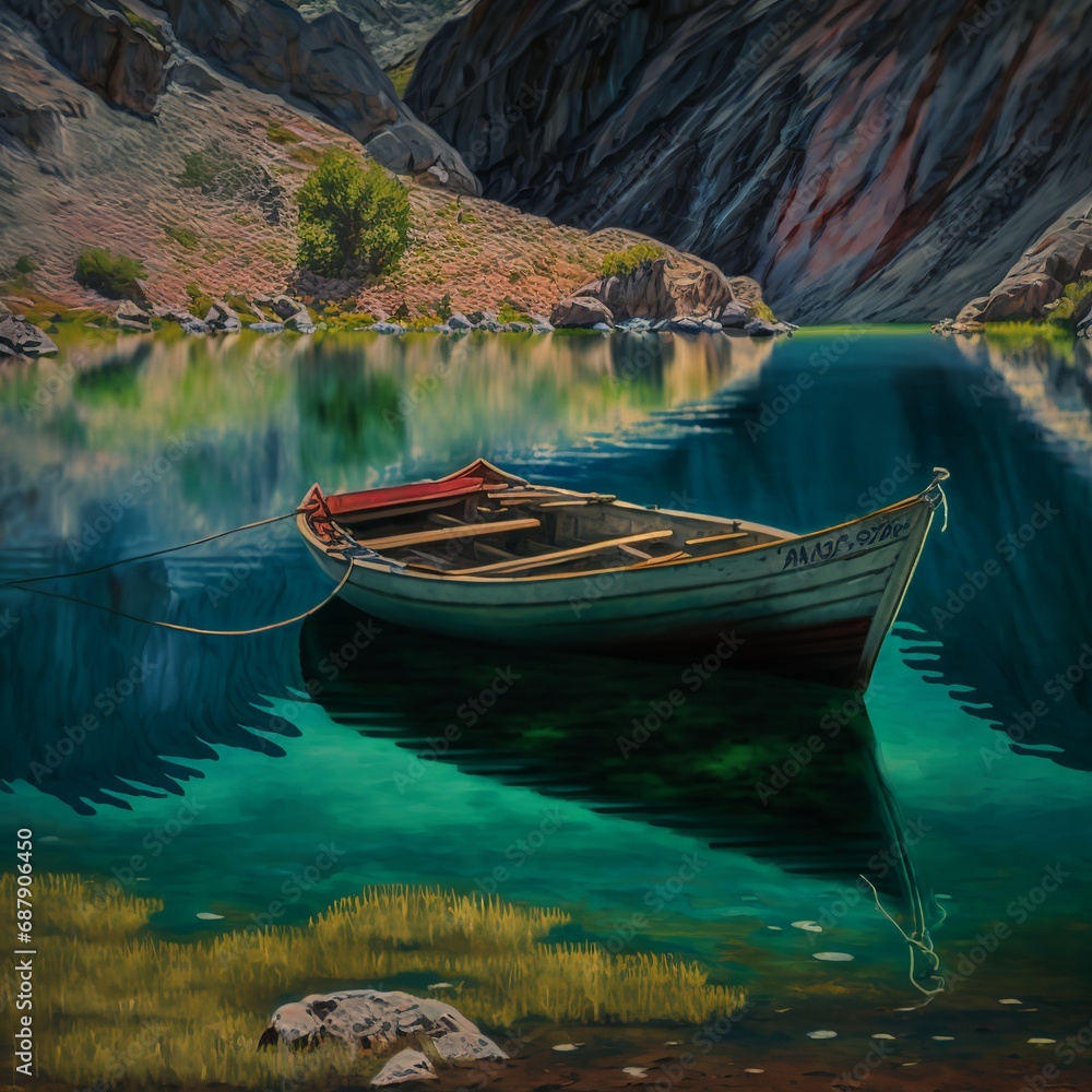 Boat in the mountain lake landscape beautifull full hd quality mountains and forest snowy clean water steep hillside background without an oar amazing Generative AI 