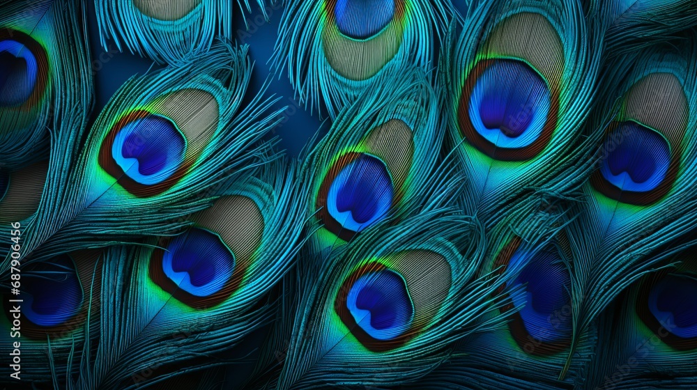 Obraz premium Macro close up Colorful peacock feathers, shallow dof texture of peacock feathers Beautiful background, rich color.Animal bird background
