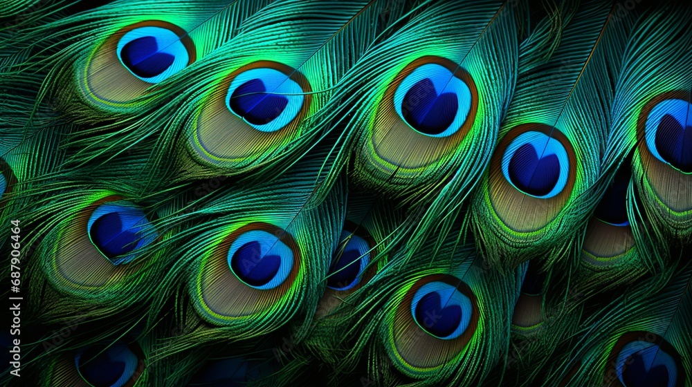 Obraz premium Macro close up Colorful peacock feathers, shallow dof texture of peacock feathers Beautiful background, rich color.Animal bird background