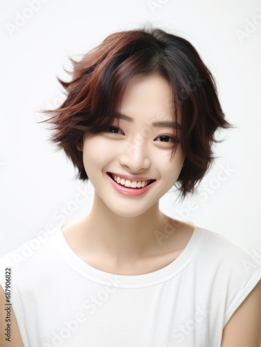 Smile of young Korean woman short hair with healthy white teeth and hygiene Concept of advertising dentist and facial care