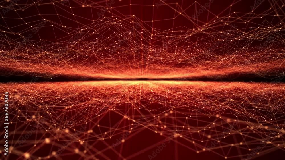 Abstract animation of flying through a hot landscape with a glowing wavy field of plexus made of shiny dots and lines on a dark orange background , motion graphics , 4k , 60 fps