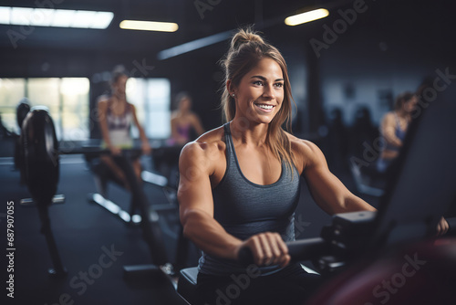 Gym Member Using Rowing Machine For Fitness photo