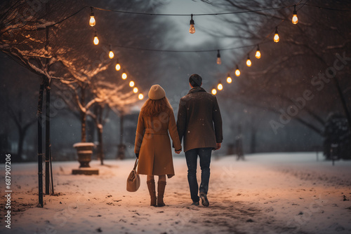 couple on a walk in the park on a date in winter photo