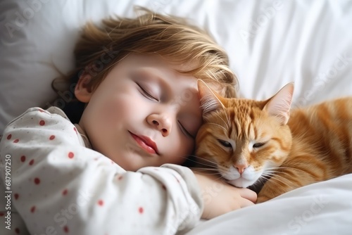Kid And Cat Sleeping Together In White Bed