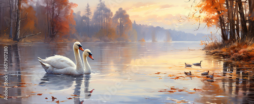 Wall painting with a pair of white geese in vintage style around the lake High quality photo photo