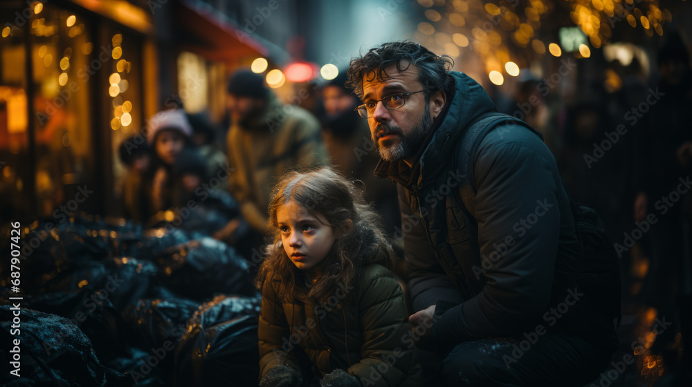 Anxious daddy with his young daughter dressed with warm clothes crouching outside somewhere into a dirty place with a blurry night street background