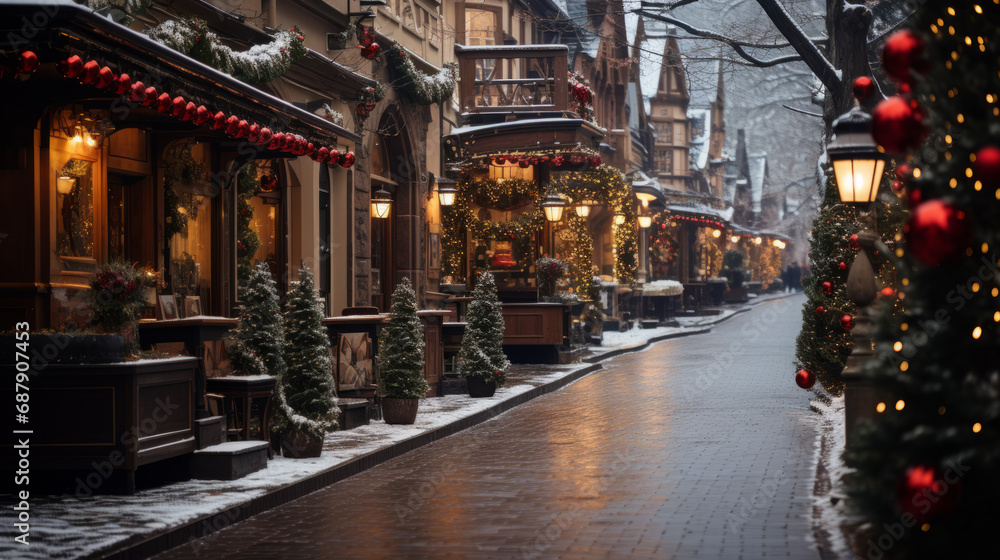 Empty street in old european style with many Christmas decorations all long the shops with some snow and an evening lighting