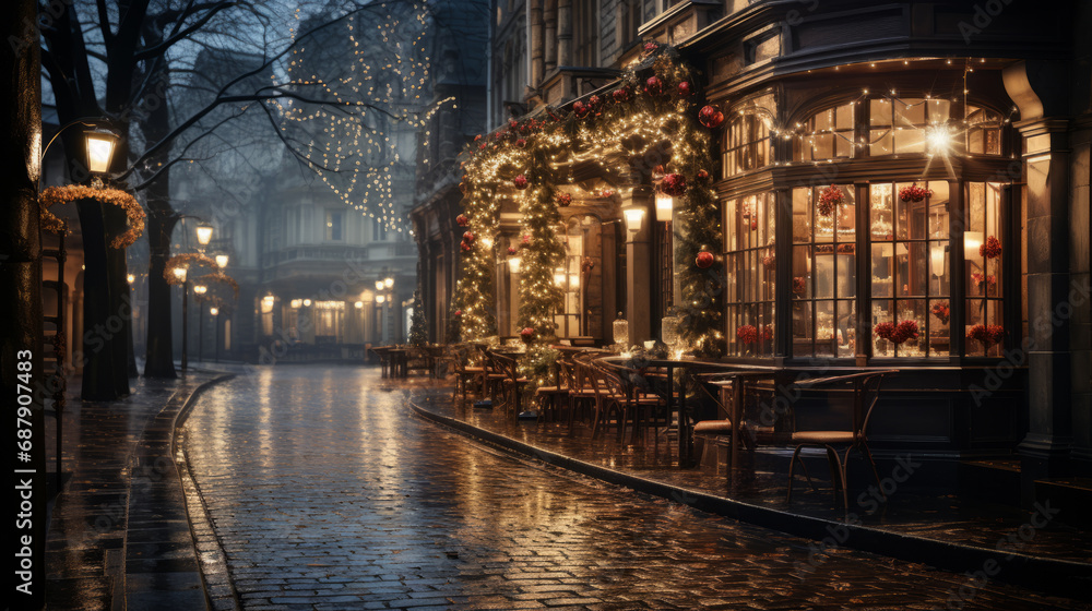 Empty street in old British style after rain with Christmas decorations along the shops in evening with a light fog in evening and a blurry background