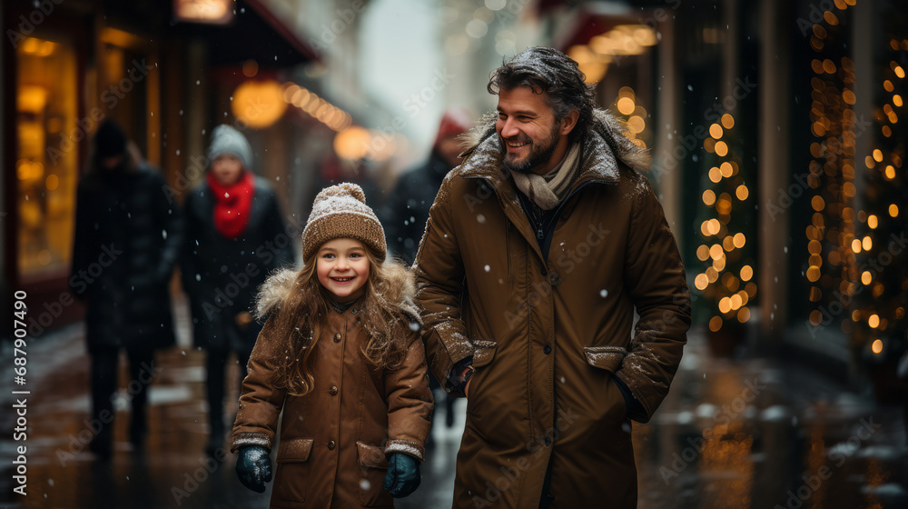 Front view of an happy daddy with his young smiling daughter walking in a pedestrian street under the snow with many blurry luminous Christmas decorations
