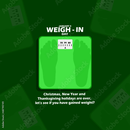Weigh-In Day event banner. A body scale with bold text and sentences on dark green background to celebrate on January 4
