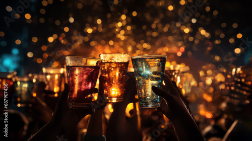 Close-up of three people hands high raising large cocktail glasses to celebrate a very happy event with a blurry sparkle background