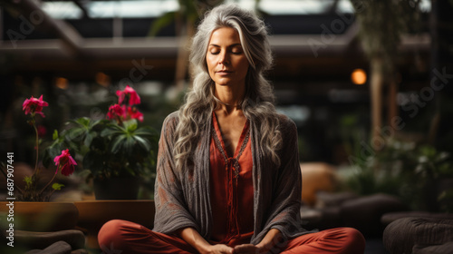 Close view of a Mature Woman meditating quietly inside her living room in the morning light with a blurry background © ShkYo30