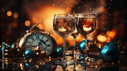Close-up of three stemmed glasses with sparkling liquid and blue shiny balls and an old clock on a table in festive mood with a shiny and sparkle blurry orange background photo
