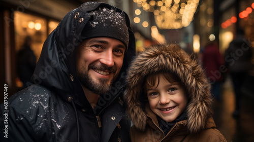 Close-up Portrait of an happy daddy with his young smiling son with a blurry night street with lights in background