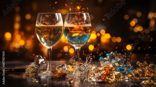 Close-up of two stemmed glasses with sparkling liquid and gold shiny decorations on a table in festive mood with a shiny and sparkle blurry orange background photo