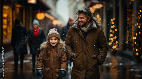 Front view of an happy daddy with his young smiling daughter walking in a pedestrian street under the snow with many blurry luminous Christmas decorations