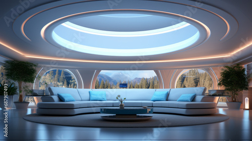 Futuristic circular Living room in refined style mainly in light blue color with large rings for warm lighting and an ultra wide view on a forest