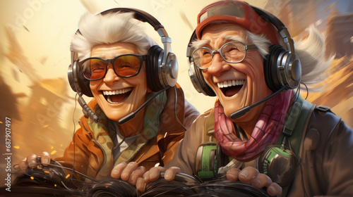 Old couple in cartoon style with big sound helmets playing together and roaring with laughter on an abstract background