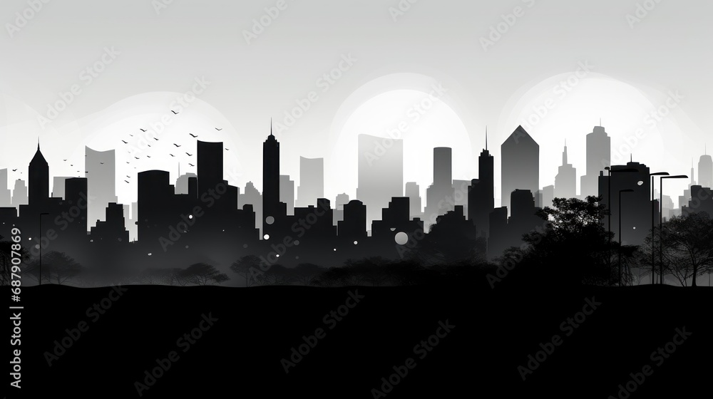 Silhouette of a city skyline, black and white color, background Silhouette of a city skyline, black and white color, background