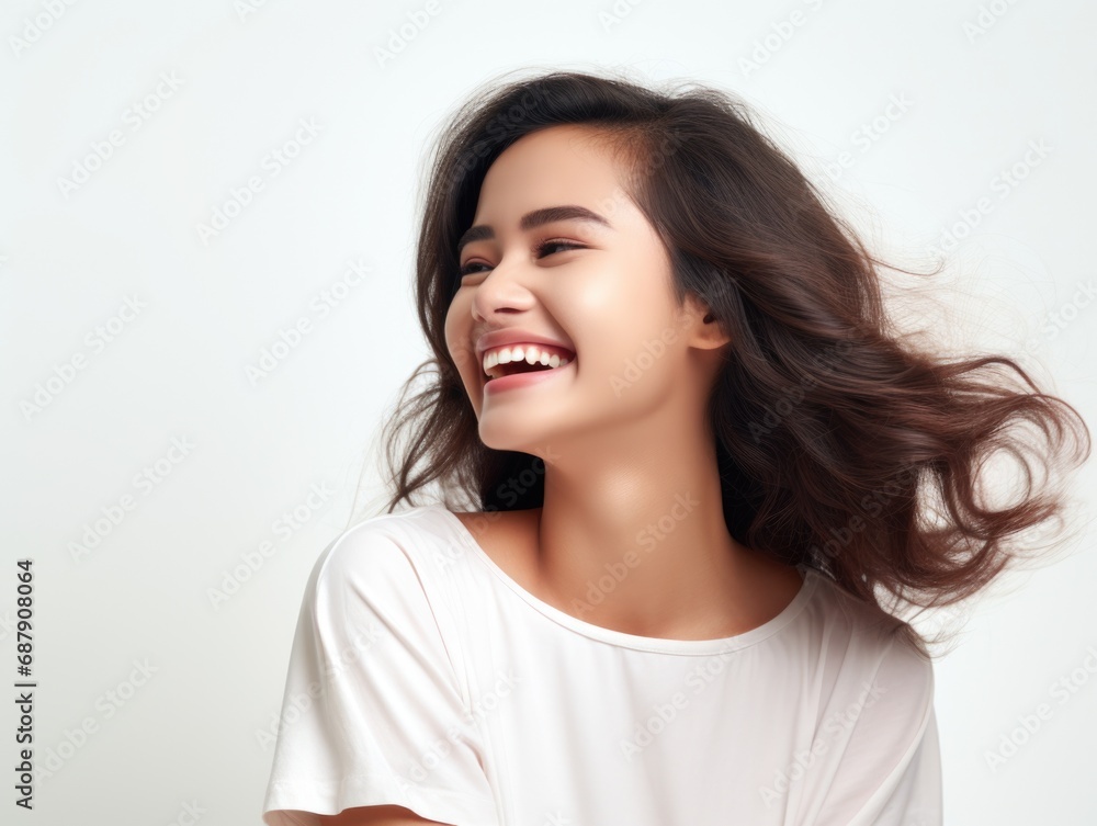 Smile of young Korean woman with healthy white teeth and hygiene Concept of advertising dentist and facial care
