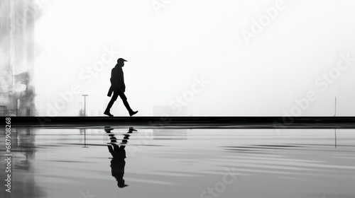 Silhouette of a person walking in the rain  black and white color  background