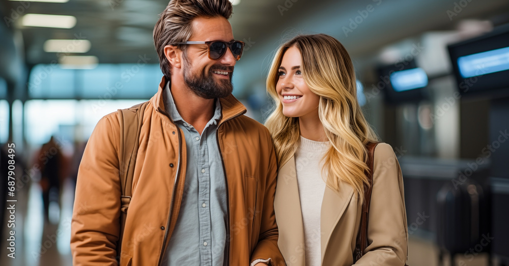 Fashionable adult married couple in airport terminal. Fashionable adult married couple in airport terminal.
