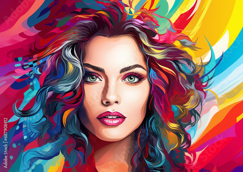 Multicoloured illustration of beautiful woman in front of colourful background.