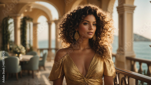 Bellissima donna con capelli ricci e un vestito color oro sul balcone di una villa sulla riviera in Italia photo