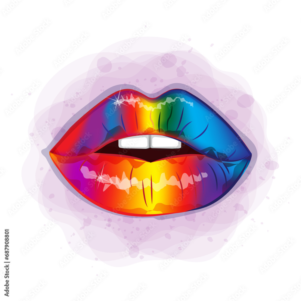 Fototapeta premium Rainbow lips LGBT beautiful fashionable realistic realistic watercolor style print vector