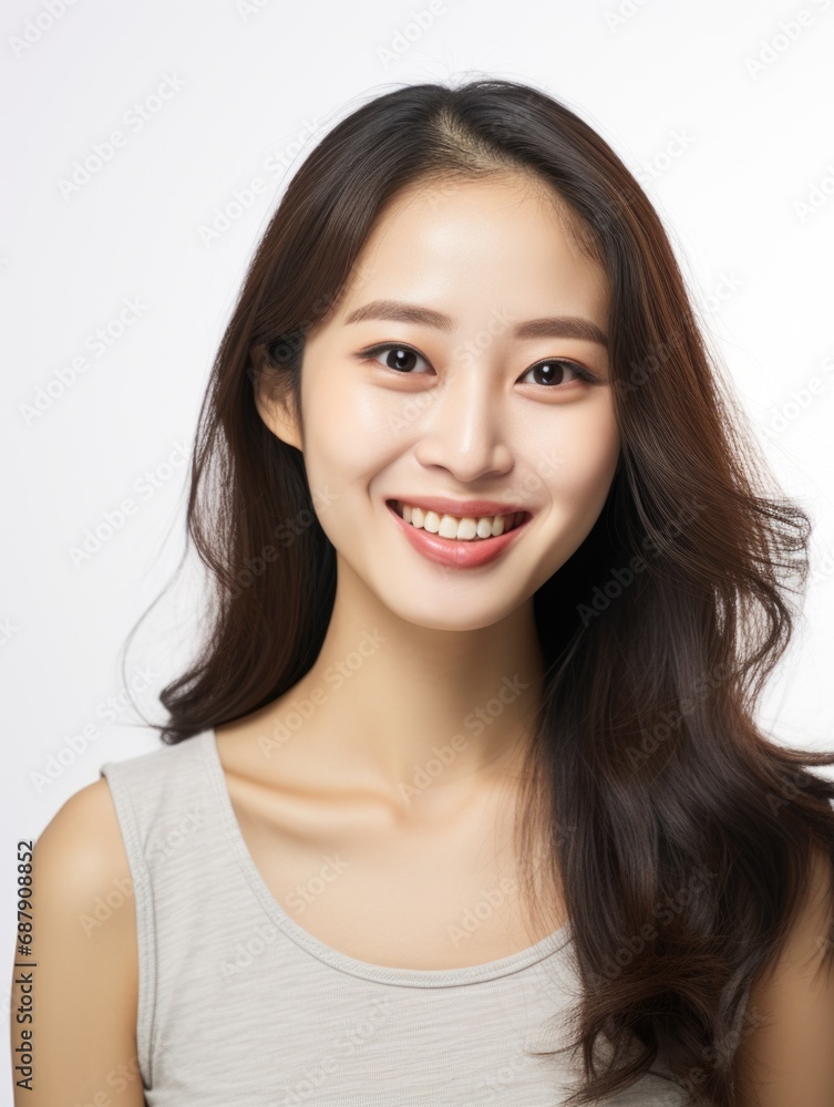 Smile of young Korean woman with healthy white teeth and hygiene Concept of advertising dentist and facial care Smile of young Korean woman with healthy white teeth and hygiene Concept of advertising dentist and facial care