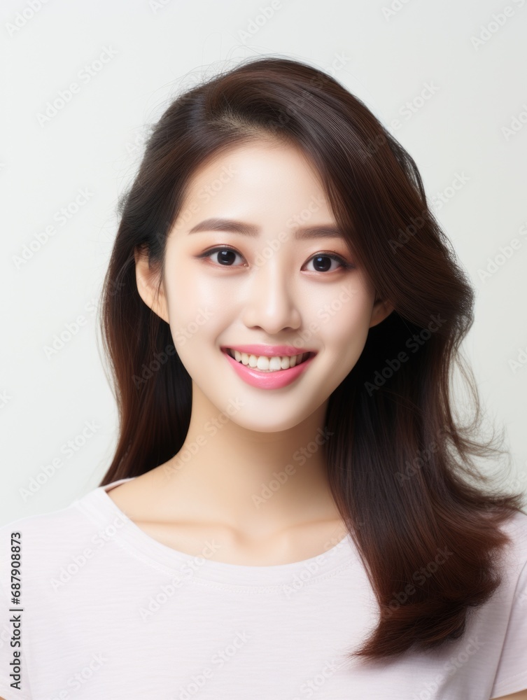 Smile of young Korean woman with healthy white teeth and hygiene Concept of advertising dentist and facial care Smile of young Korean woman with healthy white teeth and hygiene Concept of advertising dentist and facial care