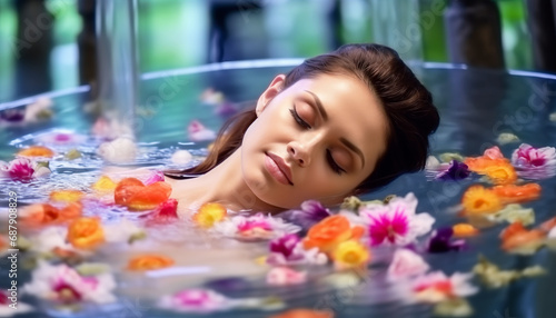 Spa and wellness holidays background. Beautiful woman relaxing in bath with flower petals in water.