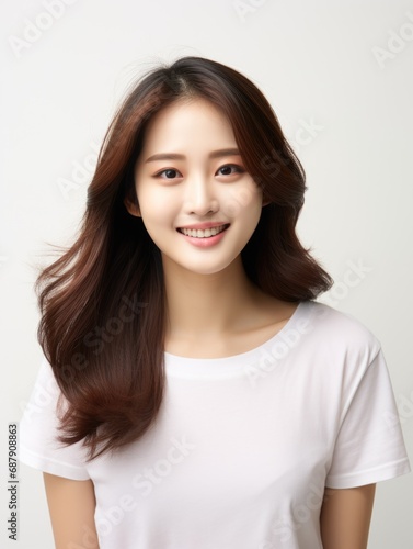 Smile of young Korean woman with healthy white teeth and hygiene Concept of advertising dentist and facial care