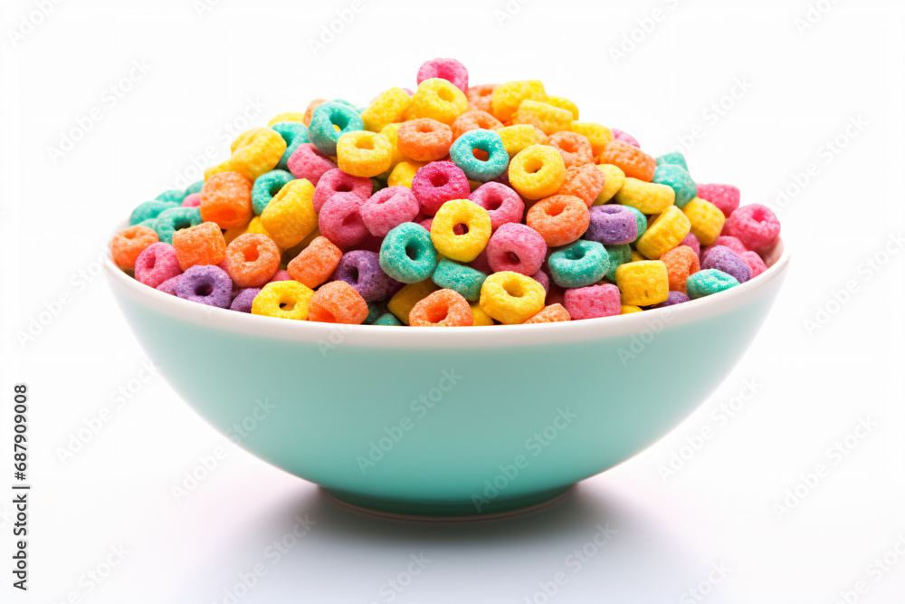 a bowl of cereal rings on a white background
