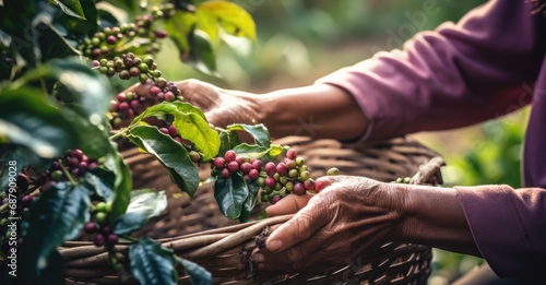 Farmer picking and harvesting red coffee beans in the field