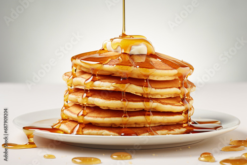 a stack of pancakes with syrup and syrup drizzle
