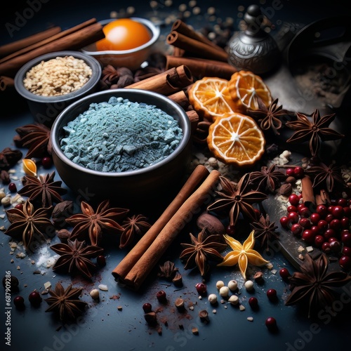 Star anise and cinnamon sticks on a wooden background.