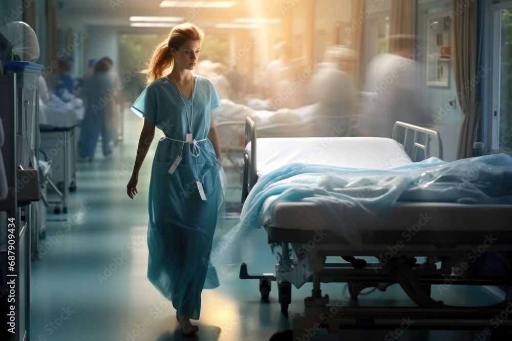 Fototapeta premium Long exposure photo of a nurse or doctor wearing a mask in a hospital corridor, concept of busyness in a hospital