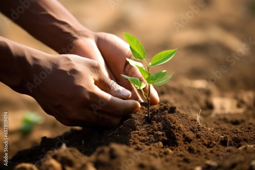Volunteer or farmer planting tree seedlings, holding seedlings, sustainable process preventing global warming