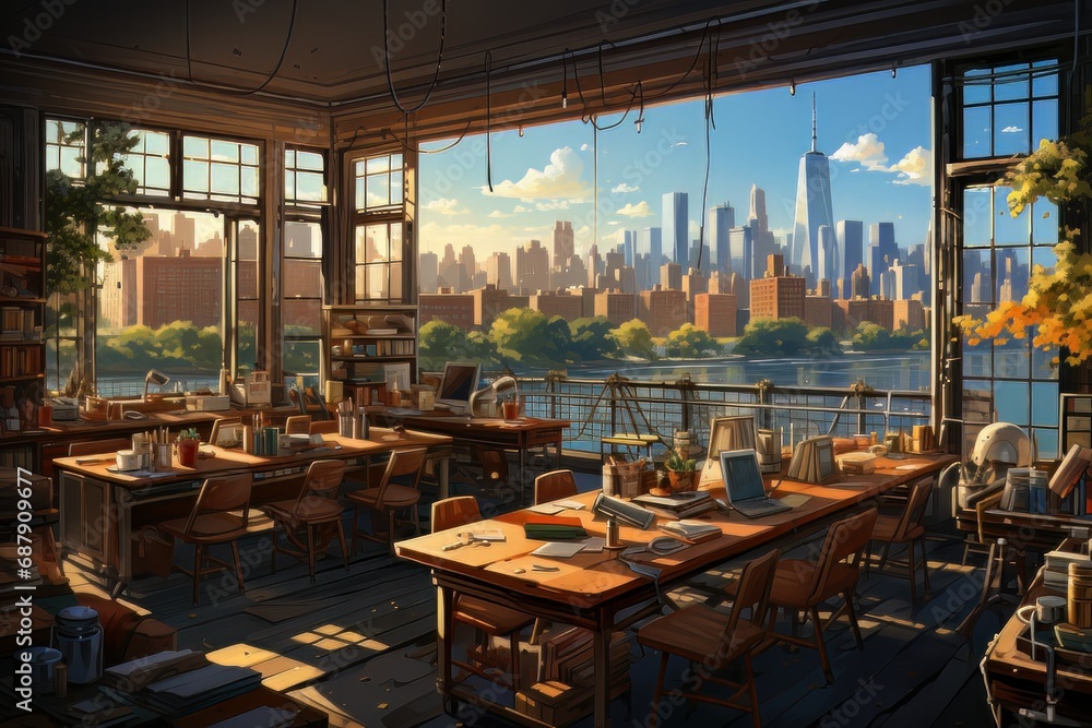 Naklejka premium classroom scene of children setting up tables