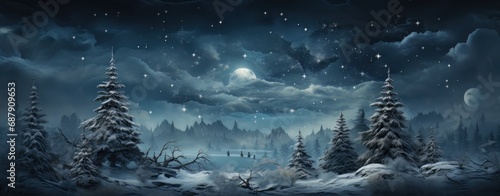 Winter landscape, falling snow over spruce tree forest at night