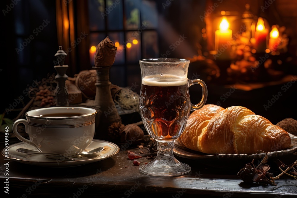 cup of tea and croissant on a table. cup of tea and croissant on a table.