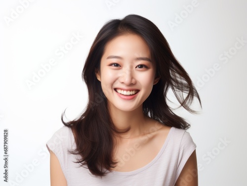 Smile of young Korean woman with healthy white teeth and hygiene Concept of advertising dentist and facial care