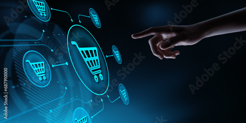 Add To Cart Retail Internet Web Store Buy Online E-Commerce Business concept. Hand touches the icon with the food basket