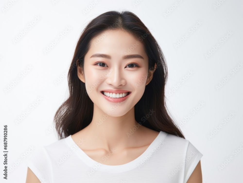Smile of young Korean woman with healthy white teeth and hygiene Concept of advertising dentist and facial care Smile of young Korean woman with healthy white teeth and hygiene Concept of advertising dentist and facial care