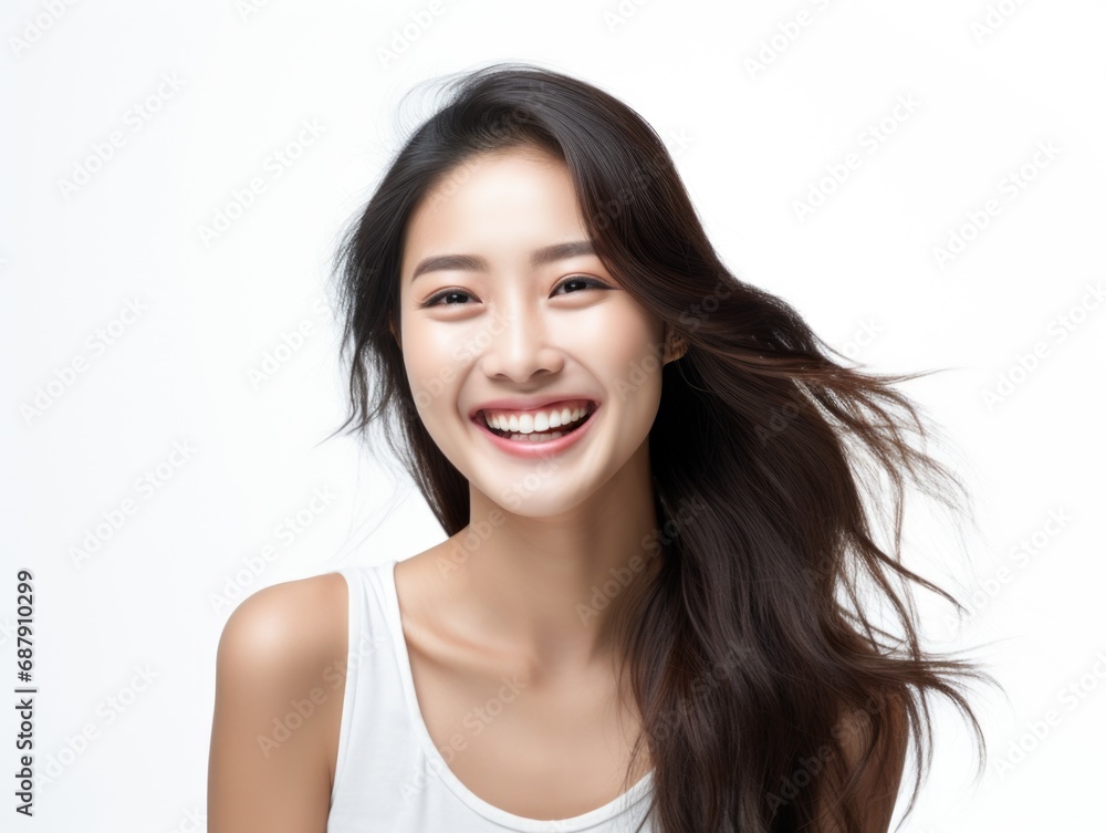 Smile of young Korean woman with healthy white teeth and hygiene Concept of advertising dentist and facial care Smile of young Korean woman with healthy white teeth and hygiene Concept of advertising dentist and facial care