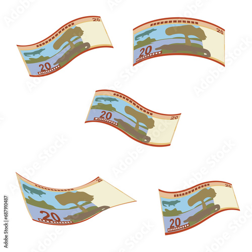 Bolivian Boliviano Vector Illustration. Bolivia money set bundle banknotes. Falling, flying money 20 BOB. Flat style. Isolated on white background. Simple minimal design.