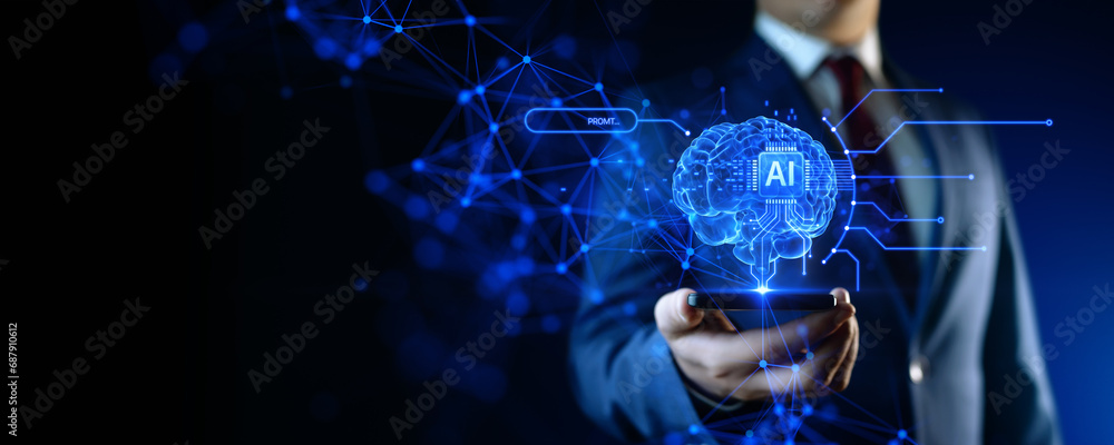 Obraz premium AI in Business: Digital brain as a symbol of Artificial Intelligence. Businessman uses a smartphone with Neural Networks