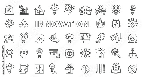 Innovation icon set line design. Innovation, idea, creativity, startup, development, teamwork, invention, evolution, revolution, business vector illustrations. Innovation editable stroke icons